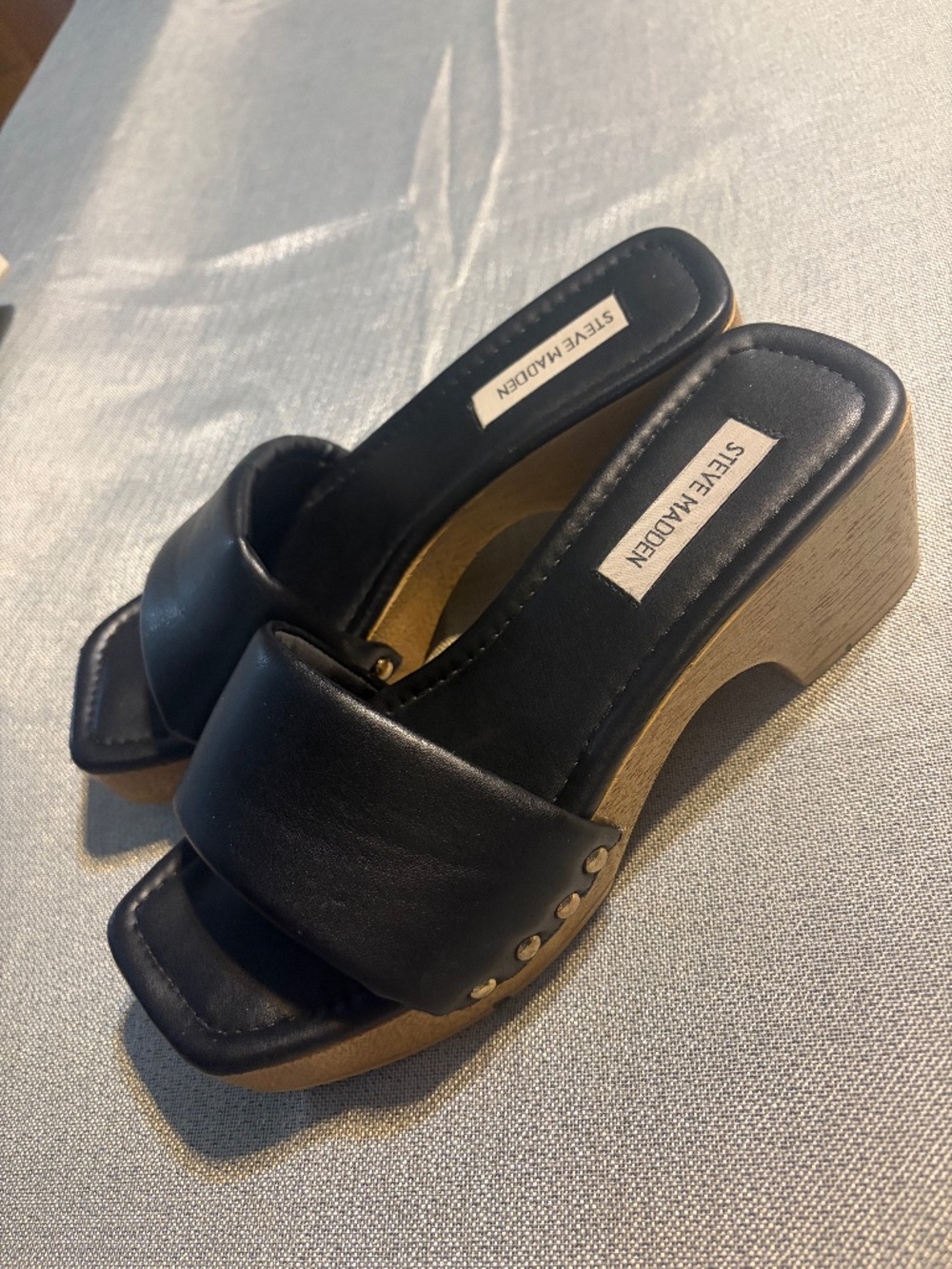 Steve Madden VTG Y2K Late 90s "Chana" Faux Black Leather/Wood Platform Sandals 7